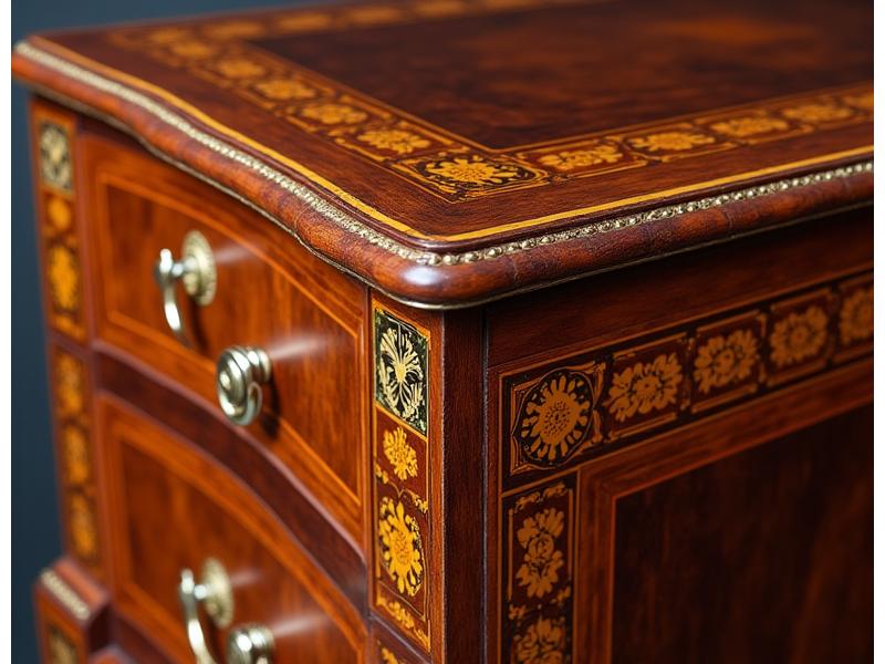 Coffre de mariage ancien restauré, détails de la marqueterie