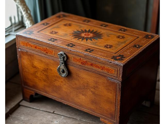 Restauration d'un coffre de mariage ancien avec marqueterie