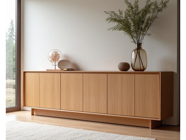 Meuble sur mesure en bois clair avec des incrustations subtiles, un design moderne et élégant.