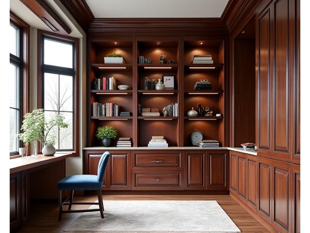 Intérieur élégant avec une bibliothèque murale en bois foncé, remplie de livres et d'objets décoratifs, créant une ambiance chaleureuse.