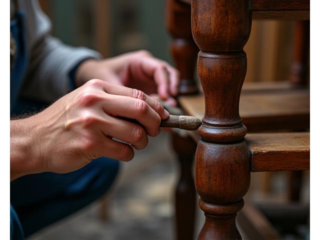 Artisan ébéniste en train de restaurer un ancien fauteuil en bois, ponçant délicatement la surface avec des outils traditionnels.